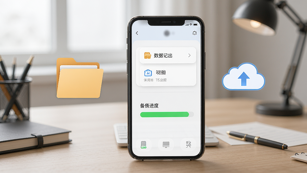 一张家用记账本数据导出与备份功能的界面图,画面展示手机屏幕内数据导出选项和备份进度条,旁边有文件夹和云朵图标示意,背景为书房桌面,风格商务简洁,细节清晰,文字为中文,画质干净无多余元素