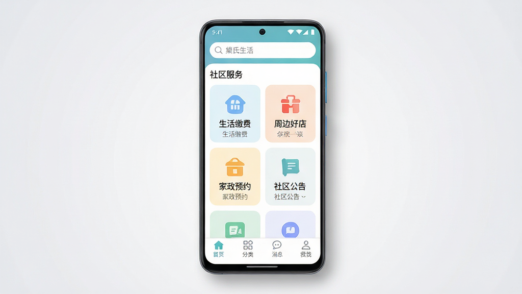 集氏生活手机应用主界面全景展示,主体是一台竖屏安卓手机,屏幕内呈现集氏生活APP首页,首页包含顶部搜索栏、中部社区服务功能卡片入口如生活缴费、周边好店、家政预约、社区公告,底部导航栏有首页、分类、消息、我的四个图标,整体布局采用卡片式分区排版,风格为清爽浅色系扁平化UI设计,细节上图标圆润、文字清晰、留白充足,背景为淡灰色渐变,画质高清,画面干净,无多余元素,手机周围有轻微投影增强立体感
