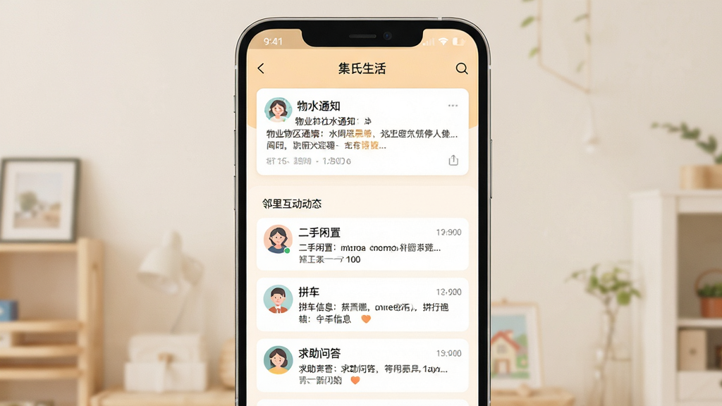 集氏生活APP社区公告与邻里互动功能展示图,画面中一台竖屏安卓手机占据主体,屏幕内显示集氏生活APP的社区公告页面,页面上方是物业发布的停水通知卡片,下方是邻里互动动态列表,包含二手闲置、拼车信息、求助问答等条目,每条动态有用户头像、昵称和简短文字描述,整体布局清晰有序,风格为温馨浅色系扁平化设计,细节上文字易读、卡片间距舒适,画质高清,画面干净,无多余元素