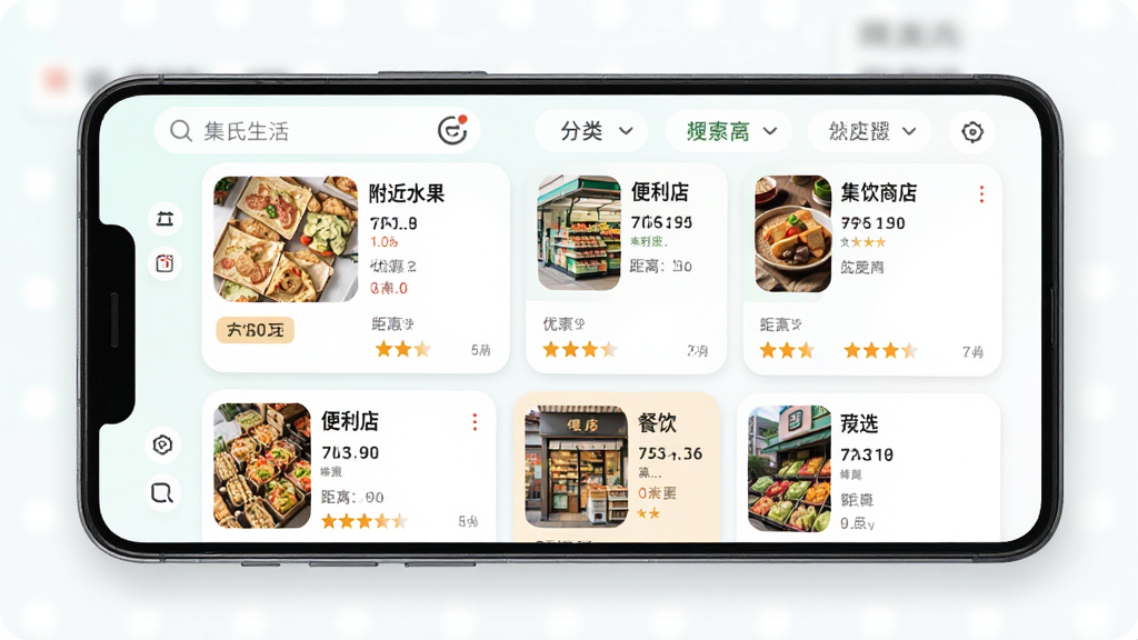 集氏生活APP周边好店功能界面预览图,主体是一部横放的安卓手机,屏幕内展示集氏生活APP的周边商家列表页,页面以纵向卡片流形式排列附近水果店、便利店、餐饮店等商家卡片,每张卡片包含店铺缩略图、店铺名称、优惠标签、距离和评分信息,顶部有搜索框和分类筛选按钮,整体风格为清新浅色系圆角卡片设计,细节上配色柔和、文字层级分明,画质高清,画面干净,无多余元素