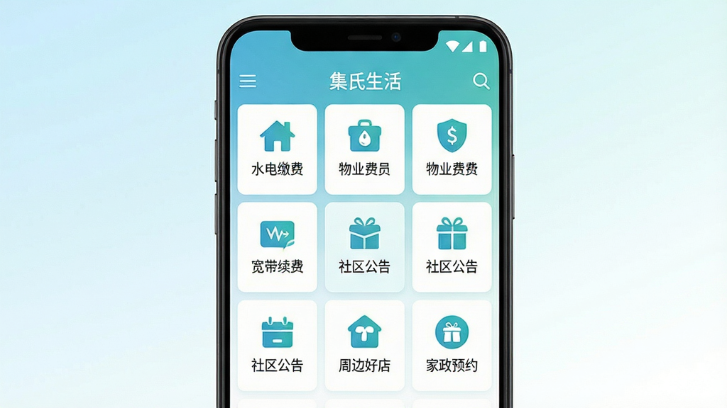 集氏生活APP一站式社区服务聚合功能展示图,画面中央是一部安卓手机,手机屏幕内显示集氏生活APP的服务聚合页面,页面以九宫格和卡片混合布局呈现水电缴费、物业费、宽带续费、社区公告、周边好店、家政预约等功能入口,每个入口配有简洁的扁平化图标,背景采用浅蓝到白色的渐变,风格清爽现代,细节上图标颜色统一为蓝绿色系,文字标注清晰,画质高清,画面干净,无多余元素