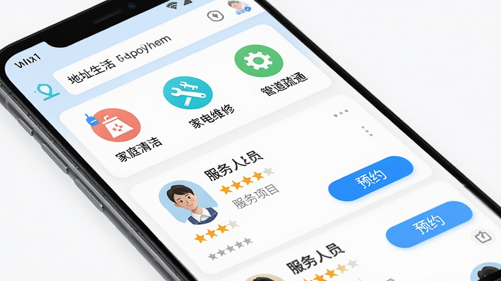 集氏生活APP家政预约与便民服务界面图,主体是一台倾斜放置的安卓手机,屏幕内展示集氏生活APP的家政预约页面,页面包含服务分类图标如家庭清洁、家电维修、管道疏通,下方有服务人员列表卡片,每张卡片显示服务人员头像、评分、服务项目和预约按钮,顶部有地址选择栏,整体风格为简洁明快的浅色调UI,细节上按钮颜色突出、信息排列整齐,画质高清,画面干净,无多余元素