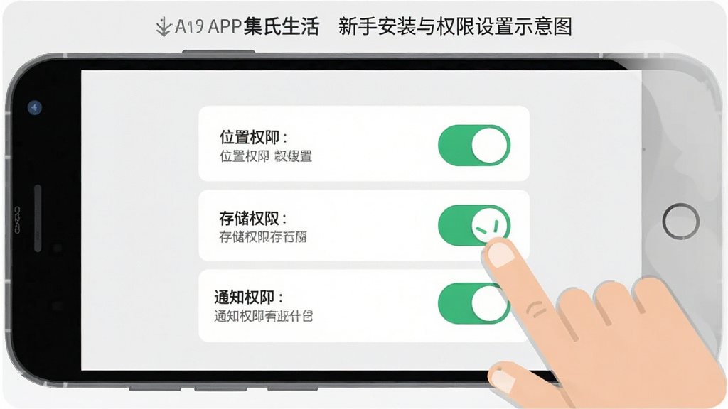 集氏生活APP新手安装与权限设置示意图,画面主体是一部安卓手机,屏幕内展示集氏生活APP的权限管理页面,页面包含位置权限、存储权限、通知权限的开关选项,旁边有手指点击操作的示意手势,背景为淡灰色,风格为扁平化教程插图,细节上开关按钮清晰、文字标注明确,画质高清,画面干净,无多余元素