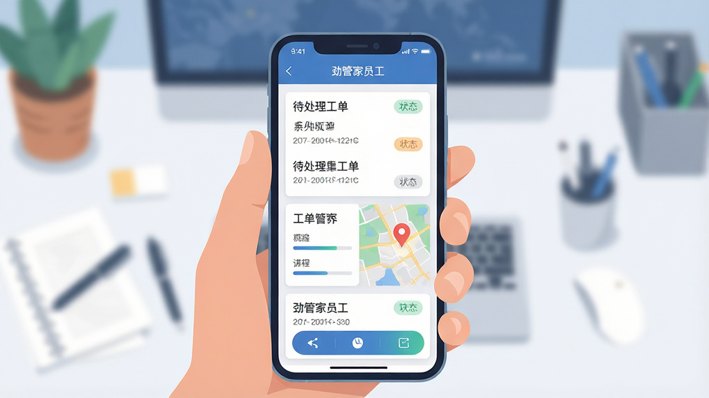 一张展示手机应用工单管理界面的图片,画面主体为一只手拿着智能手机,屏幕上显示待处理工单列表与地图定位标记,布局采用居中特写,背景为模糊的办公桌面,风格为科技感扁平插画,细节包括工单卡片、状态标签、进度条与操作按钮,画质清晰,干净无多余元素,图片中可加入文字“劲管家员工”