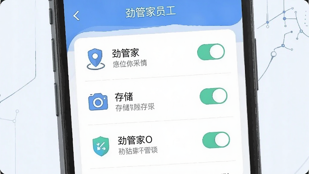 一张展示手机应用权限设置界面的图片,画面主体为手机屏幕特写,显示劲管家员工应用的权限管理列表,布局采用居中垂直排列,风格为简约科技插画,细节包括定位、相机、存储等权限开关图标与说明文字,画质清晰,干净无多余元素,图片中可加入文字“劲管家员工”