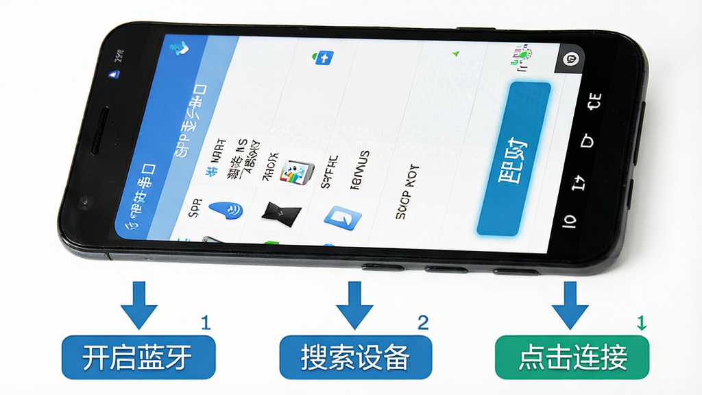 SPP蓝牙串口新手操作指引图,画面为一部安卓手机,屏幕上展示着SPP蓝牙串口的设备搜索界面,包含蓝牙设备列表和配对按钮,手机下方有箭头指向三个步骤标签分别写着