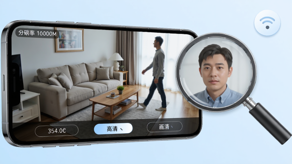 手机监控超清看家超清画质功能展示,画面主体为一块悬浮的手机屏幕,屏幕内播放着清晰的室内监控画面,画面中能辨认出沙发、茶几和走动的人影,屏幕旁边有一个放大镜图标聚焦在人物面部区域,背景为浅蓝色渐变,布局为左屏右图标,风格为写实科技风,细节包含分辨率数值标签、画质切换按钮,画质高清,干净,无多余元素
