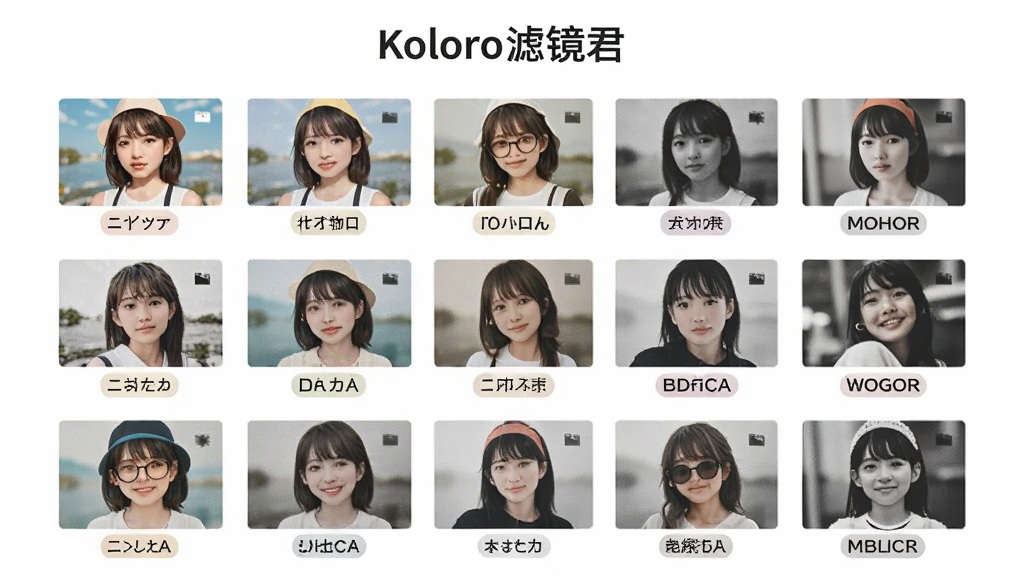 一张展示Koloro滤镜君滤镜库的图片,画面中排列着多种风格的滤镜预览小图,主体为滤镜缩略图网格,布局整齐,排版为三列网格,风格为清新明亮,细节包含日系、复古、黑白等标签,画质清晰干净,无多余元素