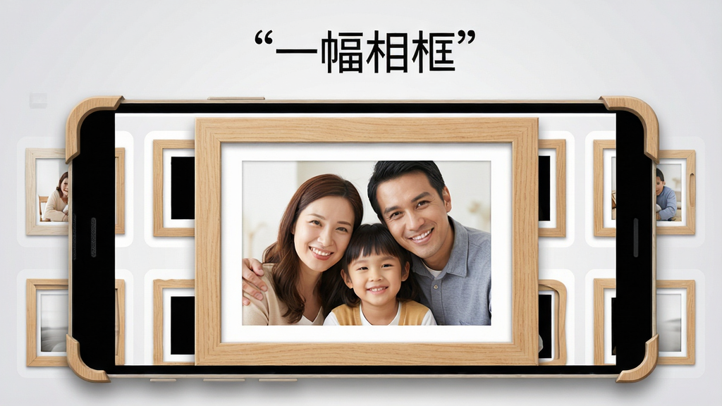 一幅相框软件主界面展示,主体为一部安卓手机屏幕,屏幕中显示一张温馨家庭合影被装裱在浅木色相框内,周围环绕多种相框模板缩略图。布局居中,上方用引号标注文字“一幅相框”。排版简洁,风格清新温暖。细节包括相框边角的立体阴影、照片中人物微笑的面部、背景为浅灰渐变。画质高清,干净,无多余元素。