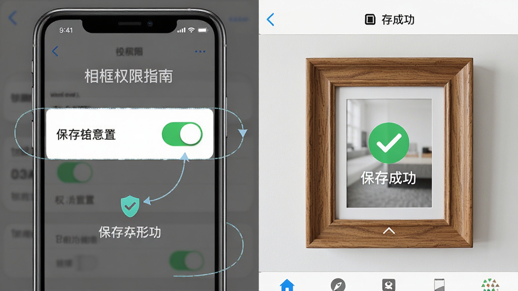 一幅相框使用指南示意图,主体为手机屏幕显示权限设置页面和保存成功提示。布局为左右分屏,左侧为权限开关,右侧为相册中已保存的成品图。排版清晰,风格说明性。细节包括权限开关的绿色开启状态、保存成功的小勾图标、成品图的相框细节。画质高清,干净,无多余元素。