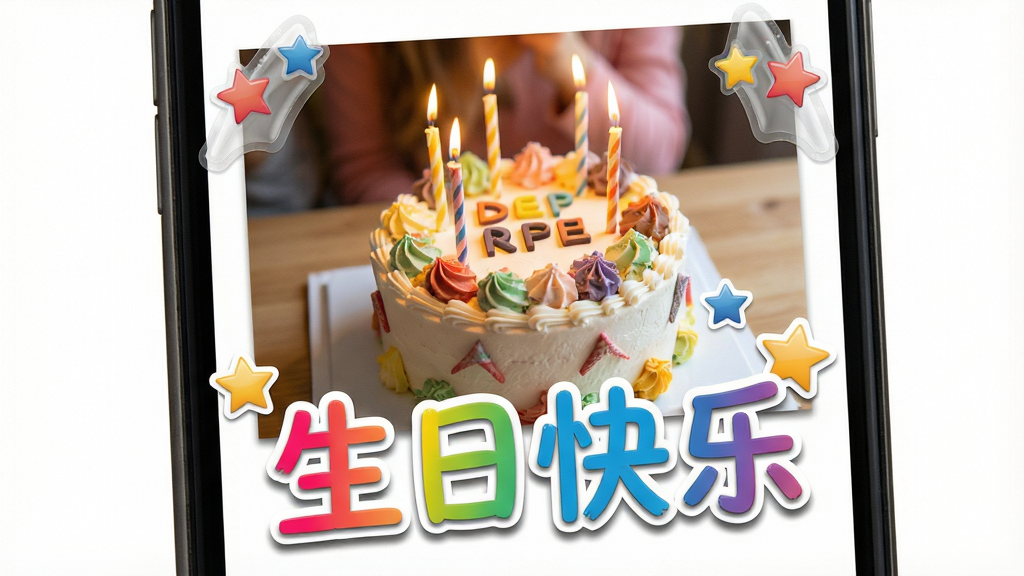 一幅相框文字贴纸功能展示,主体为手机屏幕显示一张生日照片,照片上添加了彩色文字“生日快乐”和星星贴纸。布局中照片占据主要区域,文字位于下方,贴纸点缀在角落。排版活泼,风格喜庆。细节包括文字的阴影效果、贴纸的透明质感、照片中蛋糕的细节。画质高清,干净,无多余元素。
