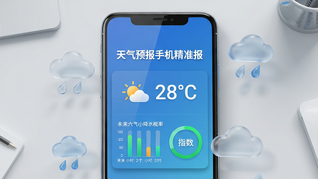 天气预报手机精准报应用主界面展示图,画面中央为一部竖屏安卓手机,屏幕内显示蓝色渐变背景的天气卡片,上方有“天气预报手机精准报”白色加粗字体,中部为晴转多云图标与28℃大字温度,下方排列未来六小时降水概率柱状图与空气质量指数圆环。手机周围漂浮半透明的云朵与雨滴三维图标,背景为浅灰色极简工作台,布局干净对称,风格为现代扁平化UI展示,细节包含手机边缘高光反射与卡片投影,画质4K清晰,无多余文字与杂乱元素。
