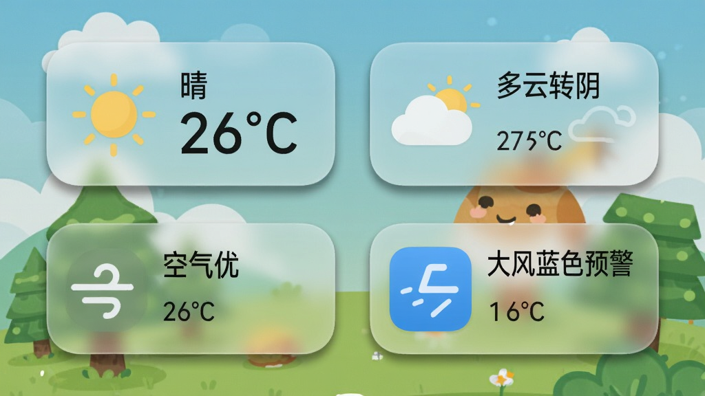 天气预报手机精准报桌面小组件展示,画面为一部安卓手机主屏幕,屏幕上排列四个不同尺寸的天气小组件,分别显示“晴 26℃”“多云转阴”“空气优”“大风蓝色预警”内容,小组件背景为半透明磨砂效果,与卡通风景壁纸自然融合。画面风格为产品功能展示图,细节包含小组件圆角边缘与阴影,画质清晰,无多余图标干扰。