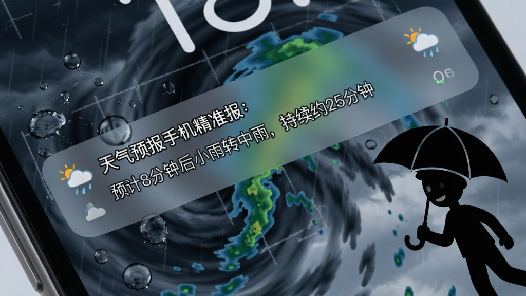天气预报手机精准报分钟级降水提醒界面,画面为手机锁屏通知特写,通知卡片内写有“天气预报手机精准报:预计8分钟后小雨转中雨,持续约25分钟”字样,背景为深色云图雷达动态效果,画面右侧展示一个正在撑伞的卡通人物剪影。整体布局采用对角线构图,风格为写实UI与插画结合,细节包含雨滴打在屏幕上的水花效果与通知卡片的毛玻璃质感,画质高清,干净无杂乱。
