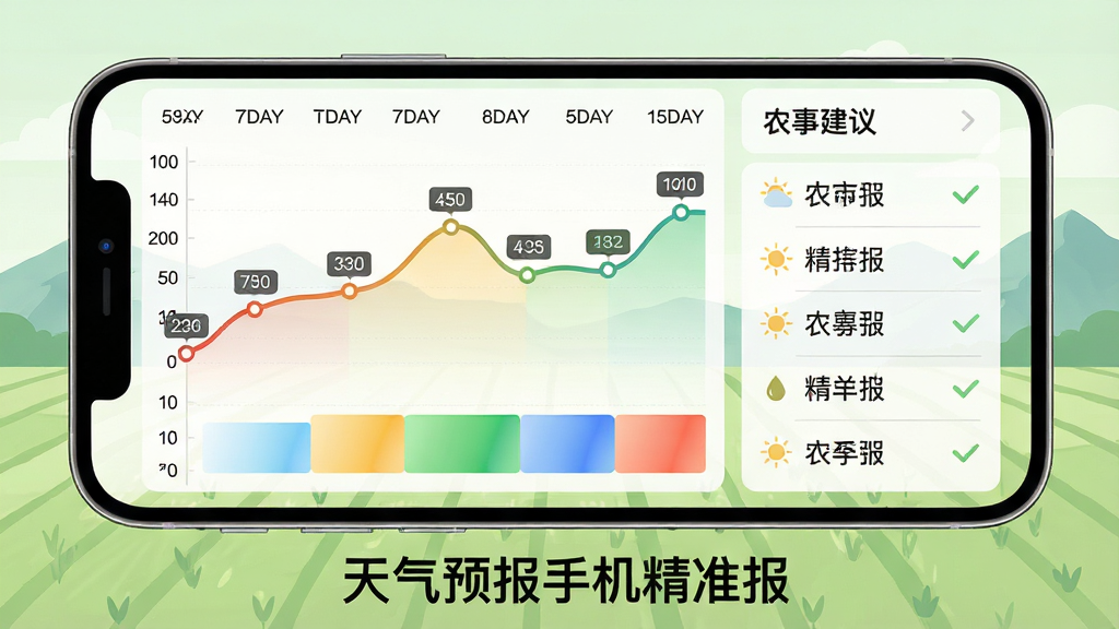 天气预报手机精准报十五天天气趋势图,画面为手机横屏展示,屏幕左侧为未来十五天温度折线图与降水概率色块,右侧为农事建议列表,手机下方有“天气预报手机精准报”标识。背景为淡绿色农田与远山插画,画面风格为数据可视化与自然元素融合,细节包含折线拐点处的圆形数据点与色块渐变过渡,画质锐利,布局清晰无多余装饰。
