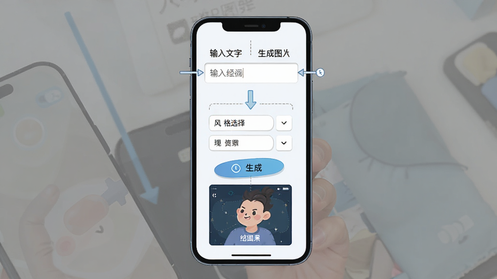 梦幻AI绘画新手操作流程图,主体为手机屏幕展示从输入文字到生成图片的步骤指示,布局为竖向流程图排列,排版直观,风格为扁平化教程插图,细节包含输入框、风格选择、生成按钮和结果展示,画质高清,干净,无多余元素