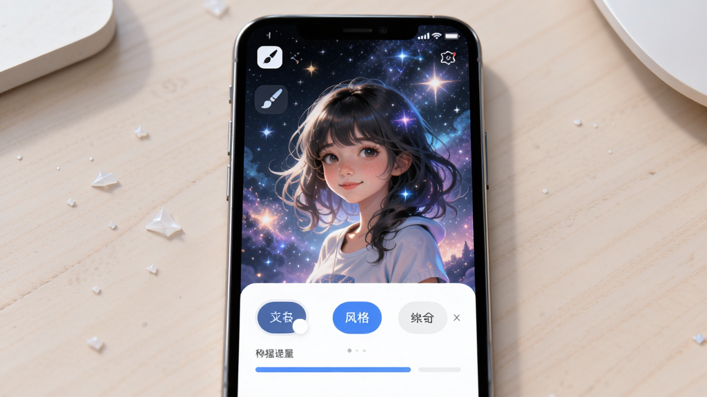 梦幻AI绘画软件主界面展示,主体为一部智能手机屏幕显示AI生成的梦幻星空少女插画,布局为手机居中放置于浅色桌面,排版简洁清晰,风格为现代科技感UI展示图,细节包含界面上的画笔图标、风格选择按钮和生成进度条,画质高清,干净,无多余元素
