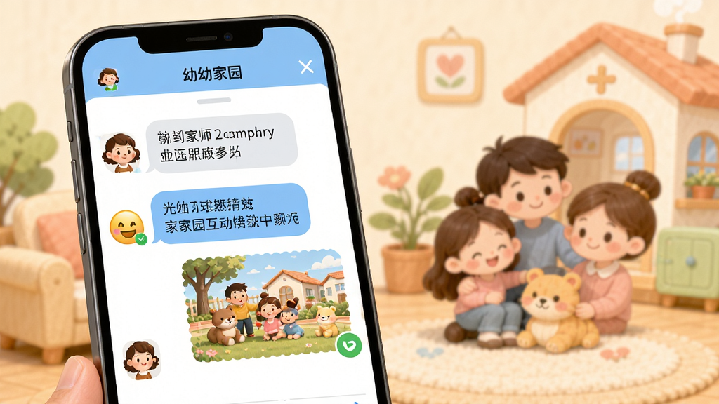 幼幼家园教师家园互动聊天界面,手机屏幕显示教师与家长的对话窗口,包含文字消息和图片分享,背景是温馨的家庭与幼儿园连线插画,风格为柔和圆润的卡通风格,细节包括表情图标、已读标记,画质高清,画面干净,无多余元素
