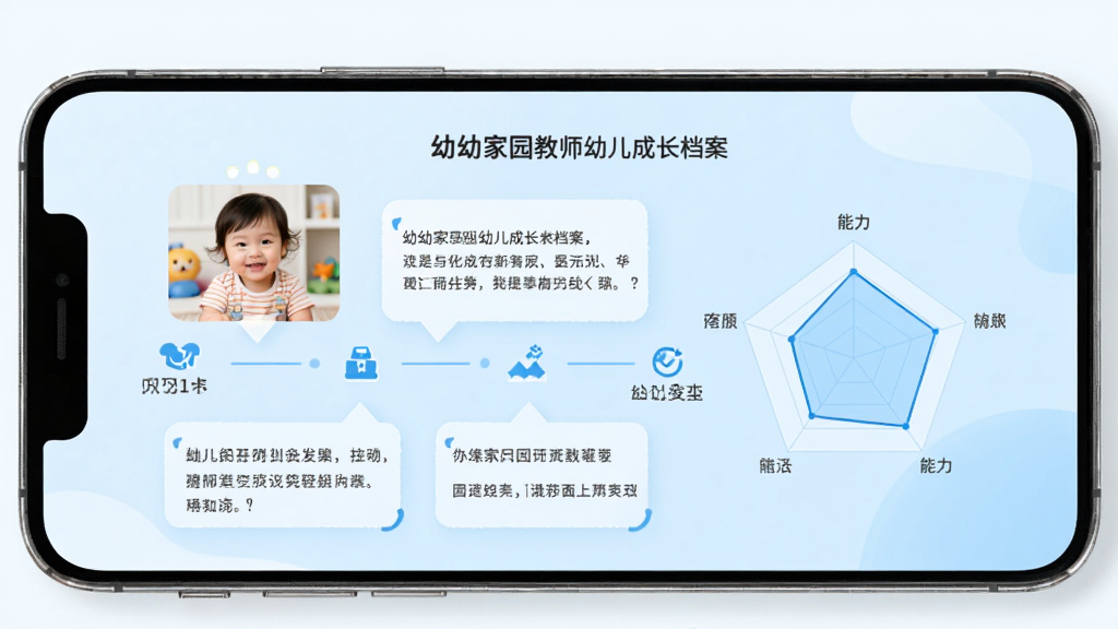 幼幼家园教师幼儿成长档案页面,手机屏幕展示一个幼儿的成长时间轴,包含照片、文字评语和各项能力发展雷达图,背景是柔和的浅蓝色渐变,风格为简约现代教育风,细节包括时间节点标记、能力图标,画质高清,画面干净,无多余元素