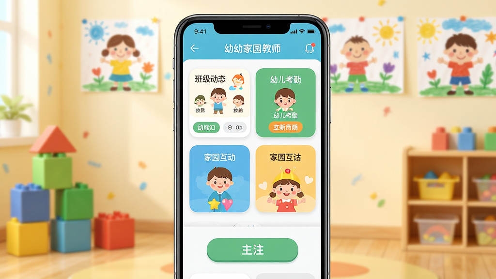 幼幼家园教师软件主界面全貌展示,画面中央是一部智能手机,屏幕显示幼幼家园教师应用首页,包含班级动态、幼儿考勤、家园互动等模块,背景是温馨的幼儿园教室环境,有彩色积木和儿童画作点缀,整体布局清晰,排版简洁,风格为清新卡通扁平化,细节包括应用图标、功能按钮和可爱的幼儿插画元素,画质高清,画面干净,无多余元素