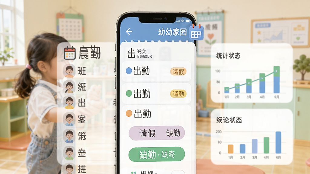 幼幼家园教师考勤管理界面,手机屏幕显示班级幼儿名单和考勤状态按钮,有出勤、请假、缺勤等彩色标签,背景是幼儿园晨检场景,风格为清爽扁平化设计,细节包括日历图标、统计图表,画质清晰,画面干净