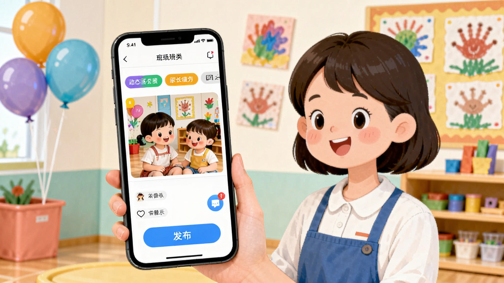 幼幼家园教师班级动态发布功能界面,一位幼儿教师正在使用手机发布班级活动照片,手机屏幕显示图文编辑界面和发布按钮,背景是幼儿园活动室,有彩色气球和手工作品,风格为明亮清新的插画风,细节包括动态分类标签、家长互动图标,画质清晰,画面干净整洁