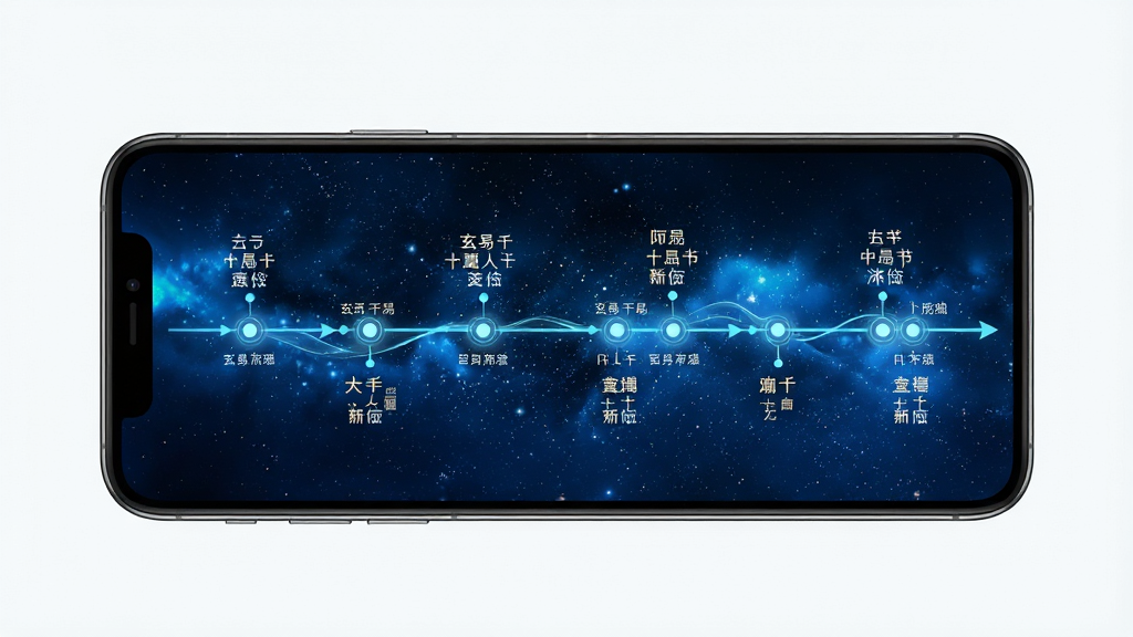 一张展示玄易大运流年时间轴界面的场景图,画面主体为手机屏幕,屏幕上显示横向时间轴,时间轴上分布着多个节点,每个节点标注干支与十神,背景为深蓝色星空渐变,布局为手机居中,时间轴贯穿屏幕中部,风格为科技感数据可视化,细节包括节点发光、连接线流畅、文字清晰可读,画质高清,画面干净,无多余元素