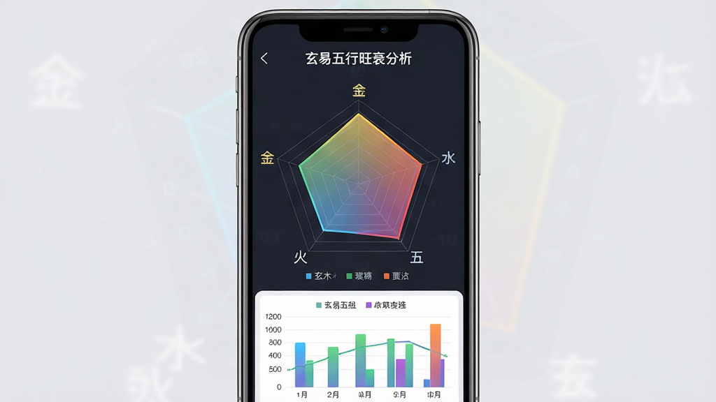一张展示玄易五行旺衰分析图表的界面图,画面主体为手机屏幕,屏幕上显示五边形雷达图,五个顶点分别标注金木水火土,雷达图内部填充半透明渐变色,屏幕下方有柱状图辅助展示,背景为浅灰色,布局为手机居中,图表占据屏幕主要区域,风格为现代数据仪表盘,细节包括图表刻度、图例标注、颜色区分明确,画质高清,画面干净,无多余元素