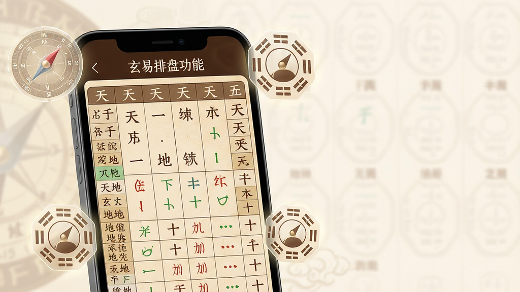 一张展示玄易排盘功能的界面特写图,画面主体为手机屏幕,屏幕上显示八字排盘的表格,表格中有天干地支、五行属性、十神标注,表格使用柔和的米黄色底纹与深棕色文字,手机周围漂浮着几个半透明的罗盘与八卦图标,布局为手机居中偏左,右侧留出空白区域,风格为传统文化与现代UI结合,细节包括表格线条清晰、文字锐利、图标有轻微发光效果,画质高清,画面干净,无多余元素
