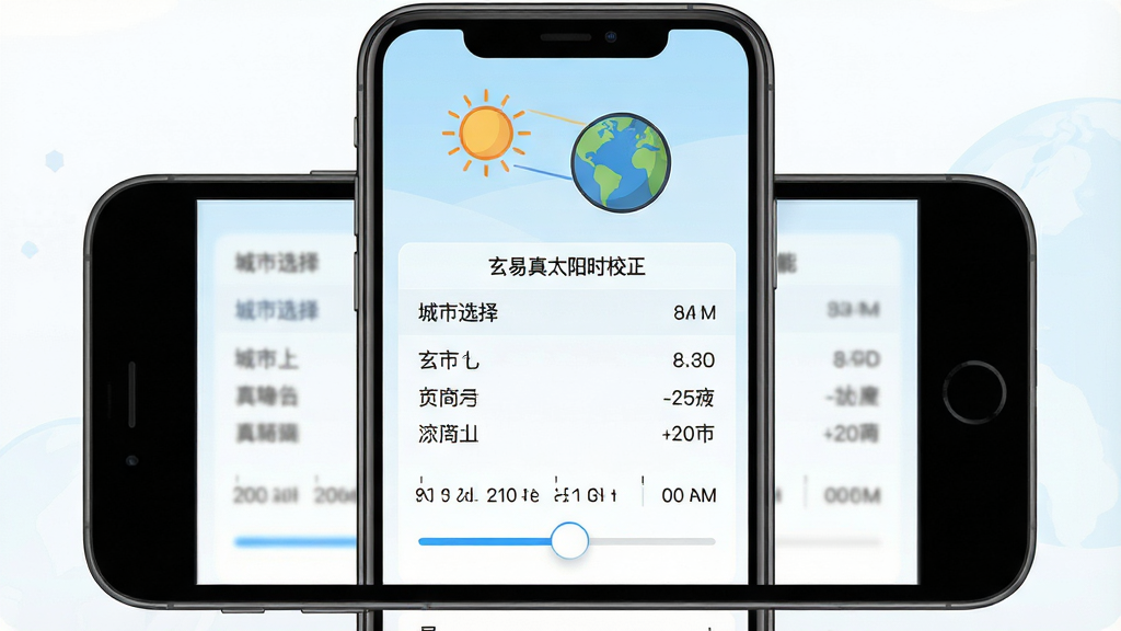 一张展示玄易真太阳时校正功能的示意图,画面主体为手机屏幕显示城市选择列表与时间校正滑块,屏幕上方有太阳与地球的简笔图标,背景为淡蓝色渐变,布局为手机居中,上下留白,风格为扁平化信息图风格,细节包括城市名称列表、经度数值、时间刻度、滑动条高亮,画质高清,画面干净,无多余元素