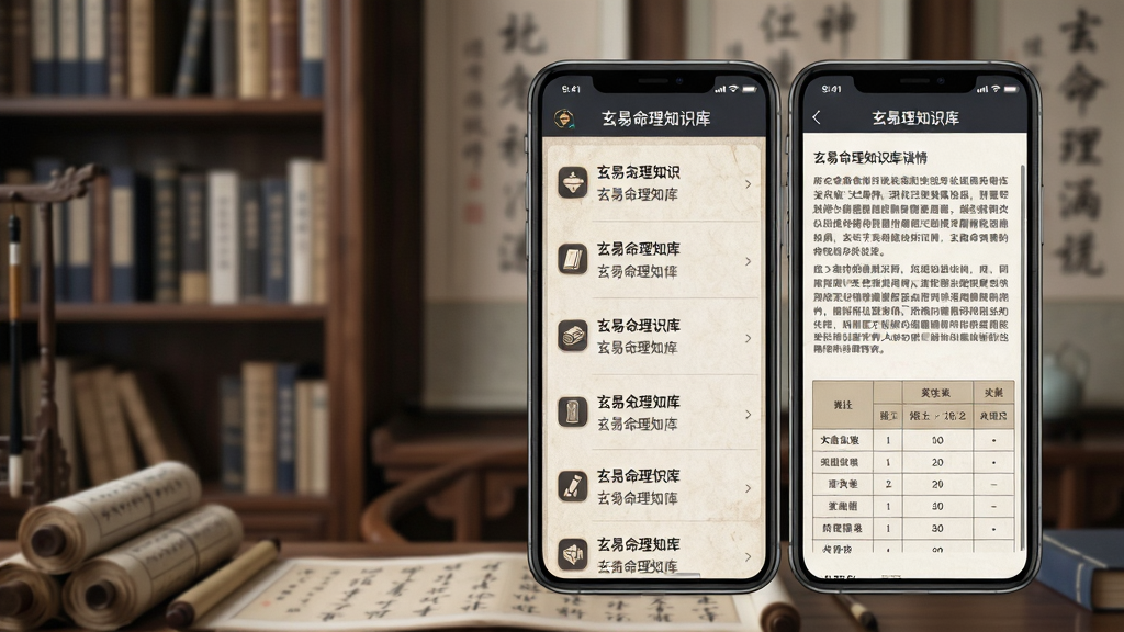一张展示玄易命理知识库界面的场景图,画面主体为手机屏幕,屏幕上显示知识条目列表与详情页,详情页中有文字段落与表格,背景为书架与卷轴的书房场景,布局为手机居中偏右,左侧有模糊的书架虚化,风格为国学书房氛围,细节包括纸张纹理、文字清晰、图标精致,画质高清,画面干净,无多余元素