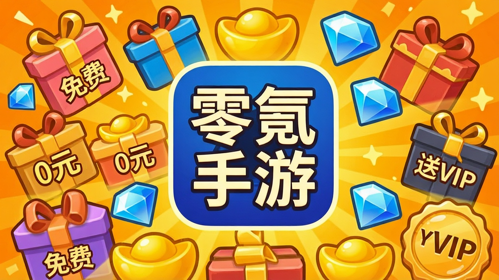 一幅展示游戏福利聚合概念的插画,画面中心是“零氪手游”的APP图标,图标周围环绕着大量游戏礼包盒、元宝、钻石和VIP令牌等元素,每个礼包盒上都标注着“免费”“0元”“送VIP”等字样。背景为明亮的橙黄色调,采用卡通风格,元素排列呈放射状,画面饱满充实,画质清晰,主体突出,无多余装饰。