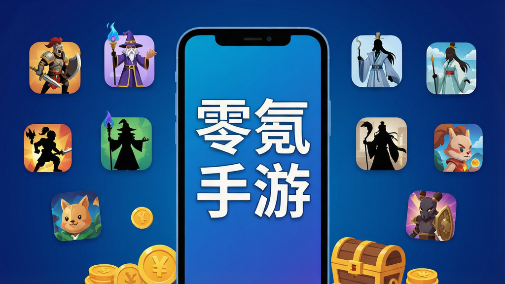 一幅展示手机游戏聚合平台的插画,画面中央是一部智能手机,屏幕上显示着“零氪手游”四个大字,手机周围漂浮着多个游戏图标和角色剪影,包括战士、法师、仙侠人物等。背景采用深蓝色渐变,底部有金币和宝箱元素点缀。整体风格为扁平化科技风,色彩鲜明,布局居中对称,细节干净利落,画质4K,无多余杂乱元素。