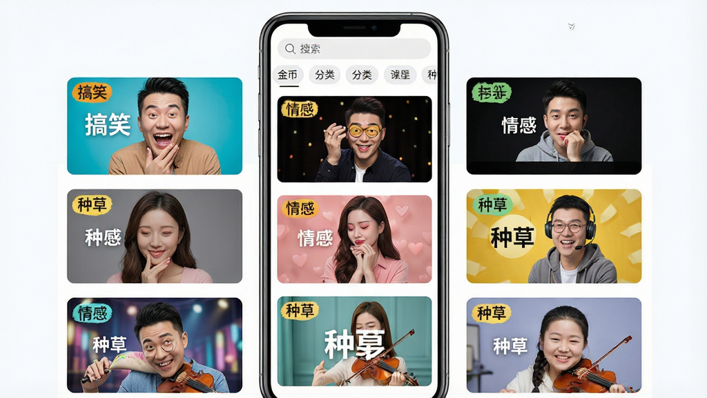 金币小片场模板库界面展示,画面以网格形式排列多个短片模板封面,每个封面带有“搞笑”“情感”“种草”等分类标签,手机屏幕上方有搜索框和分类筛选按钮,整体布局紧凑有序,风格清新明亮,细节清晰,画质干净,无多余元素