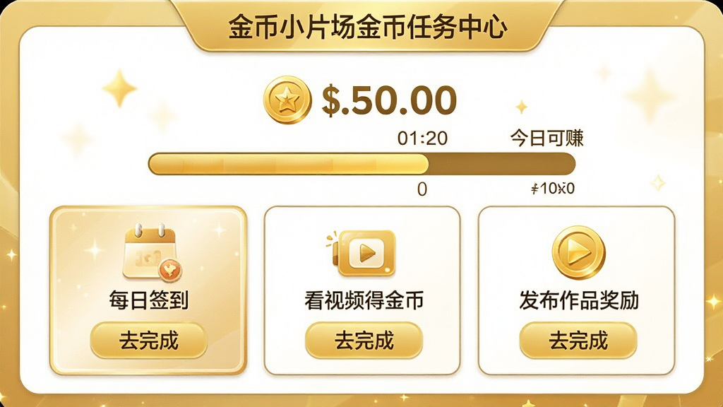 金币小片场金币任务中心页面,画面中央显示金币总数和今日可赚金币进度条,下方排列着“每日签到”“看视频得金币”“发布作品奖励”等任务卡片,每张卡片带有金币图标和“去完成”按钮,整体采用金色与白色为主色调,布局清晰,排版整齐,画质高清,干净无多余元素