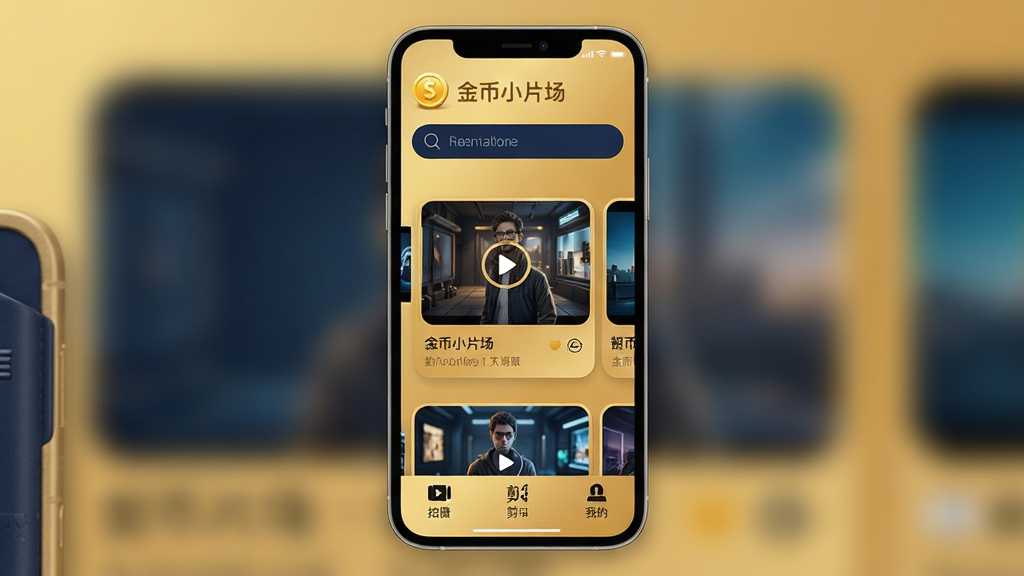 金币小片场软件主界面全貌展示,画面中央是手机屏幕,屏幕内显示金币小片场App的首页布局,顶部有金币图标和搜索栏,中部为横向滑动的短片模板卡片,底部为拍摄、剪辑、我的三个导航按钮,整体采用暖金色与深蓝色搭配的科技感风格,布局清晰,排版整齐,细节丰富,画质高清,干净无多余元素
