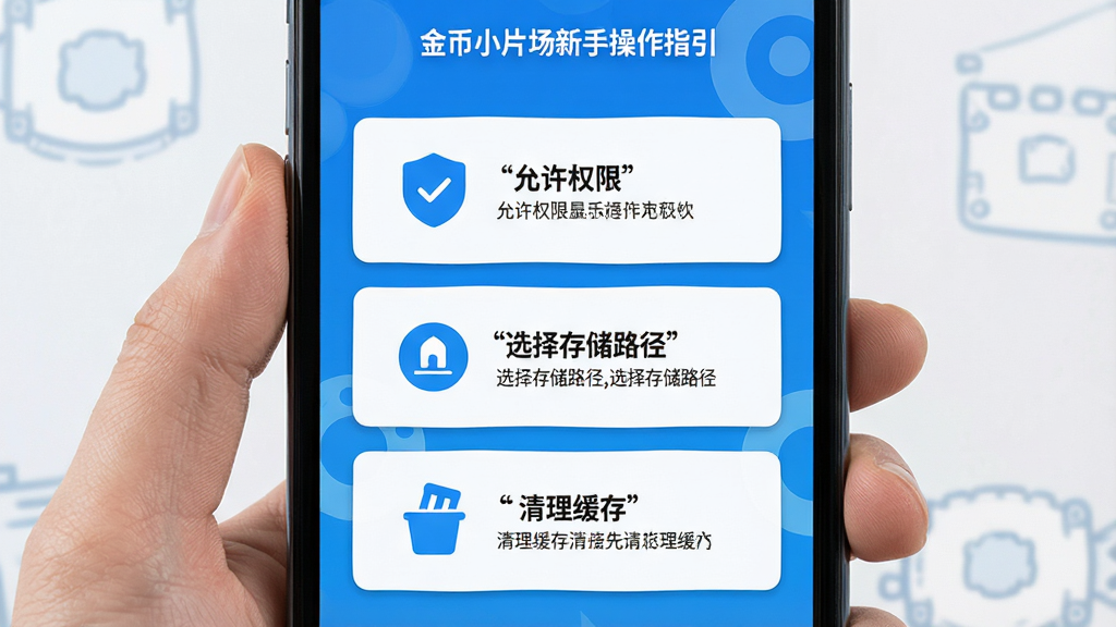 金币小片场新手操作指引界面,手机屏幕显示“允许权限”“选择存储路径”“清理缓存”三个步骤卡片,每个卡片配有图标和简短说明文字,整体采用浅色背景与蓝色主色调,布局清晰,排版整齐,细节丰富,画质高清,干净无多余元素