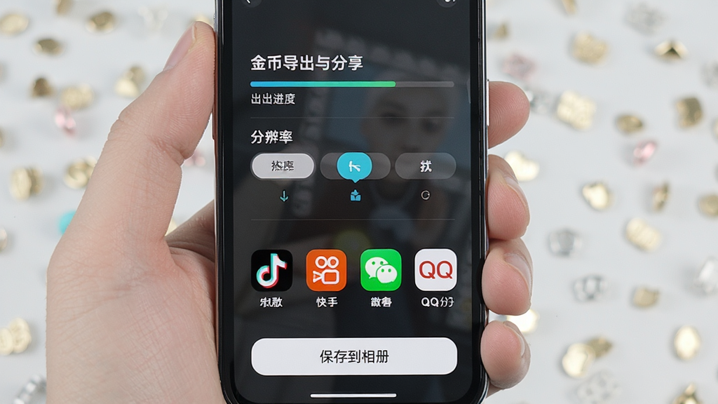 金币小片场视频导出与分享界面,手机屏幕显示导出进度条和分辨率选择选项,下方排列着抖音、快手、微信、QQ等分享图标,画面底部有“保存到相册”按钮,整体风格简洁明快,布局合理,细节清晰,画质干净,无多余元素
