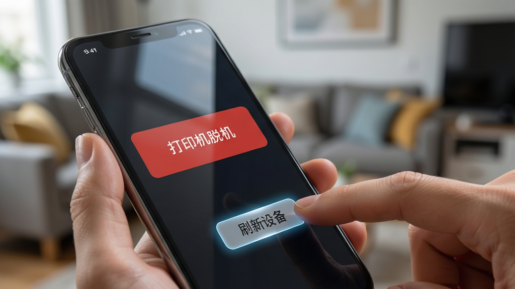 一张展示手机打印机软件连接故障排查场景的AI生图,画面中一部手机屏幕上显示着