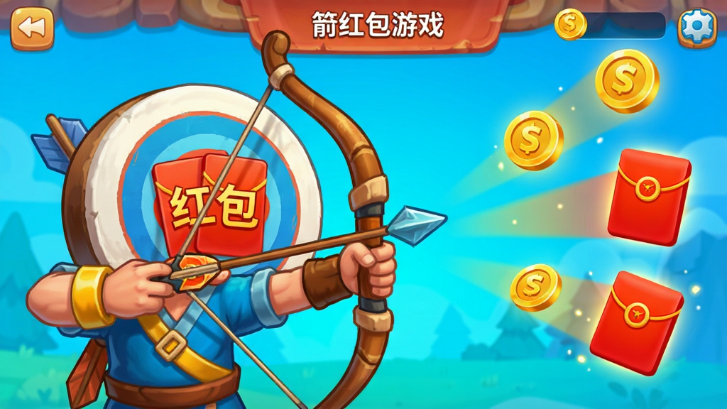一箭红包游戏内射箭闯关界面,卡通风格弓箭手正在瞄准带有“红包”字样的圆形靶心,画面右侧显示金币和红包奖励飘浮动画,色彩鲜艳,布局紧凑,细节丰富,干净无杂物,高清画质。