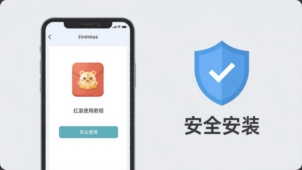 一箭红包使用教程示意图,画面展示手机屏幕中正在安装软件的界面,旁边配有盾牌图标和“安全安装”字样,背景为浅灰色,风格简洁扁平,色彩柔和,布局清晰,高清画质,无多余元素。