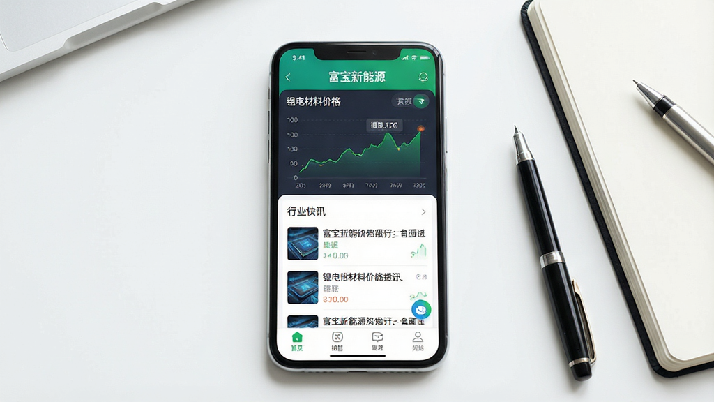 一张展示富宝新能源手机应用界面的场景图,主体是一部竖屏智能手机,屏幕内呈现富宝新能源APP首页,包含锂电材料价格走势图、行业快讯列表和功能导航栏,手机放置在一张干净的白色桌面上,旁边有一支笔和一个笔记本,布局为居中构图,排版简洁,风格为现代科技商务风,细节上屏幕内文字清晰可见,包括“富宝新能源”字样,画质高清,干净,无多余元素