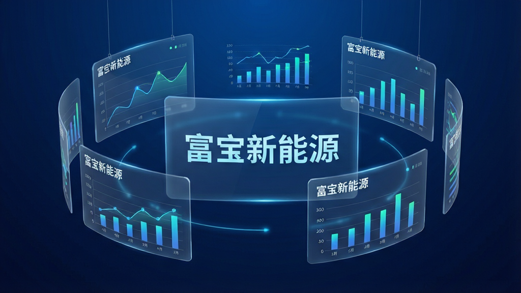 一幅体现富宝新能源数据资讯功能的AI生图,主体是悬浮在空中的多个半透明数据面板,面板上显示折线图、柱状图和文字标题,标题文字为“富宝新能源”,布局为环绕式排列,排版错落有致,风格为未来科技感,细节上数据线条发光,背景为深蓝色渐变,画质高清,干净,无多余元素