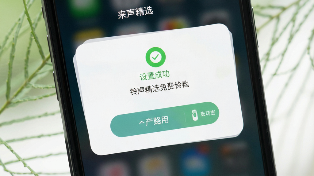 手机屏幕展示“铃声精选免费”的铃声设置界面,用户正在将一首热门歌曲设为来电铃声,屏幕上显示“设置成功”提示和铃声名称,背景是简洁的白色卡片界面,风格清新自然,细节上突出设置按钮和成功反馈图标,画质清晰,干净,无多余元素