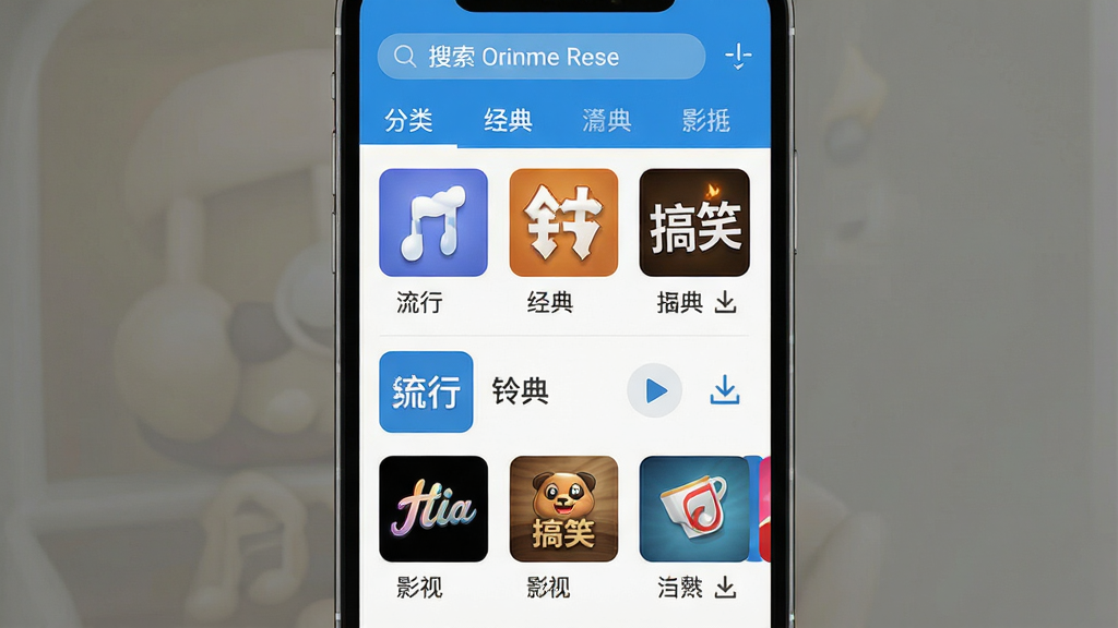 手机应用界面展示,中央是“铃声精选免费”软件的主页,顶部有搜索框和分类标签,下方排列着多个铃声专辑封面,包含流行、经典、搞笑、影视等分类图标,界面采用清新蓝白配色,布局整洁有序,风格为扁平化UI设计,细节上展示铃声列表、播放按钮和下载箭头,画质高清,干净,无多余元素