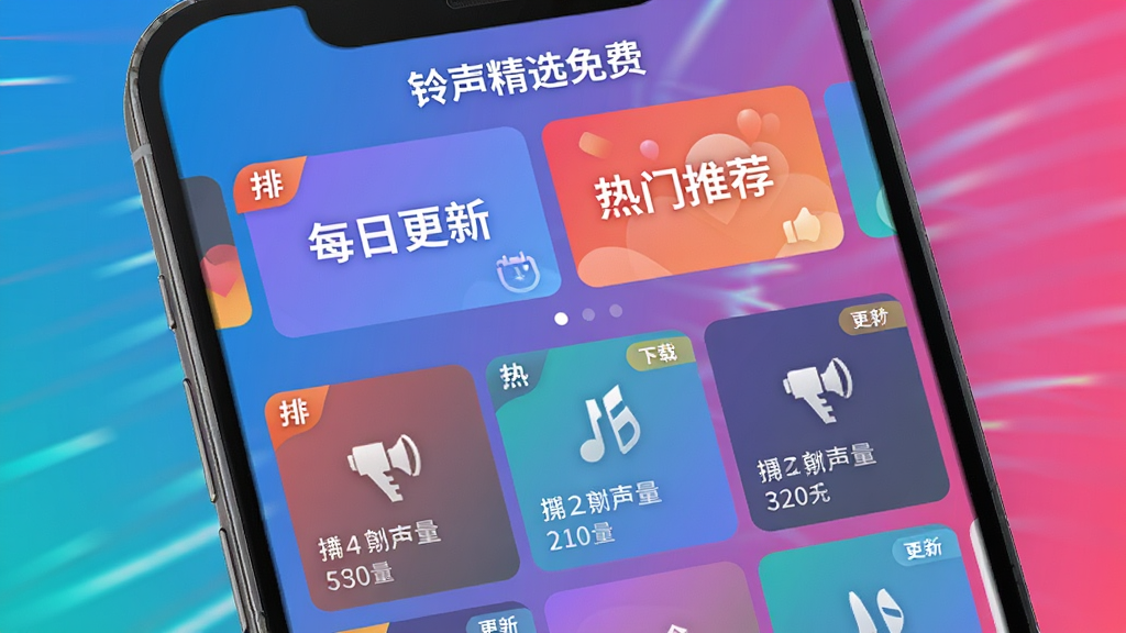 手机屏幕展示“铃声精选免费”的首页推荐区域,顶部横幅轮播图展示“每日更新”和“热门推荐”字样,下方是多个热门铃声卡片,带有播放量和下载量数字,界面采用渐变背景和卡片式布局,风格时尚动感,细节上突出排行标签和更新标识,画质清晰,干净,无多余元素
