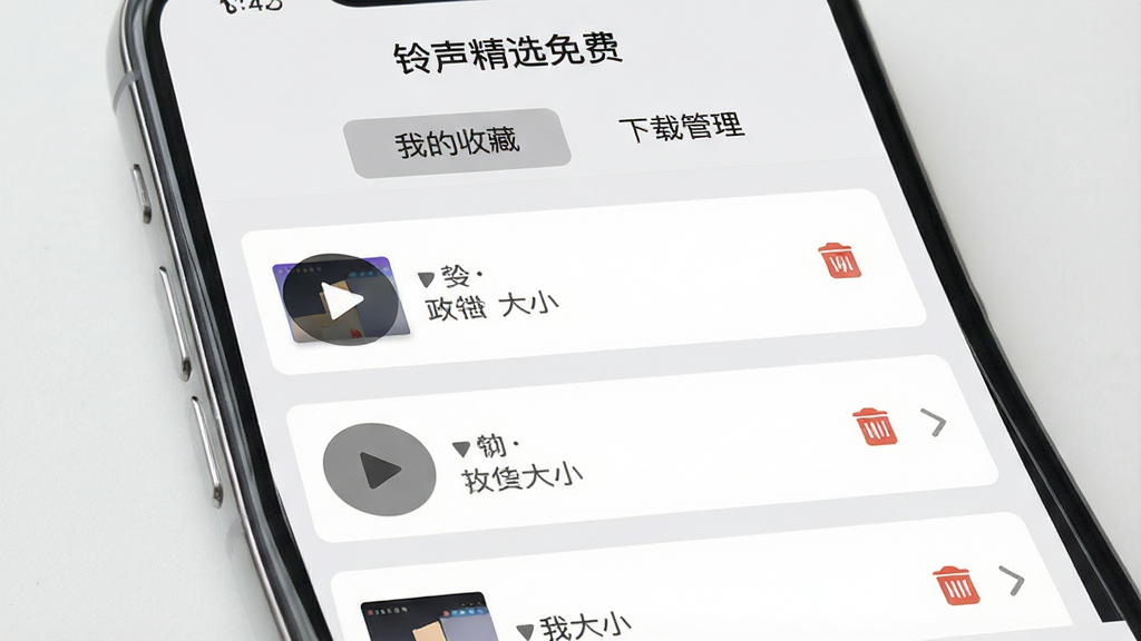 手机界面展示“铃声精选免费”的收藏与下载管理页面,列表中排列着已下载的铃声文件,每个条目带有播放按钮、文件大小和删除图标,顶部有“我的收藏”和“下载管理”标签切换,界面采用浅灰底色和白色卡片,风格素雅简洁,细节上突出文件状态和操作按钮,画质高清,干净,无多余元素