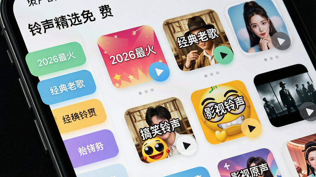 手机屏幕特写展示“铃声精选免费”的铃声分类页面,左侧是竖排分类标签,右侧是网格状铃声专辑封面,包含“2026最火”、“经典老歌”、“搞笑铃声”、“影视原声”等字样,界面采用圆角卡片设计,配色清新明快,风格现代简约,细节上突出专辑封面和播放按钮,画质清晰,干净,无多余元素