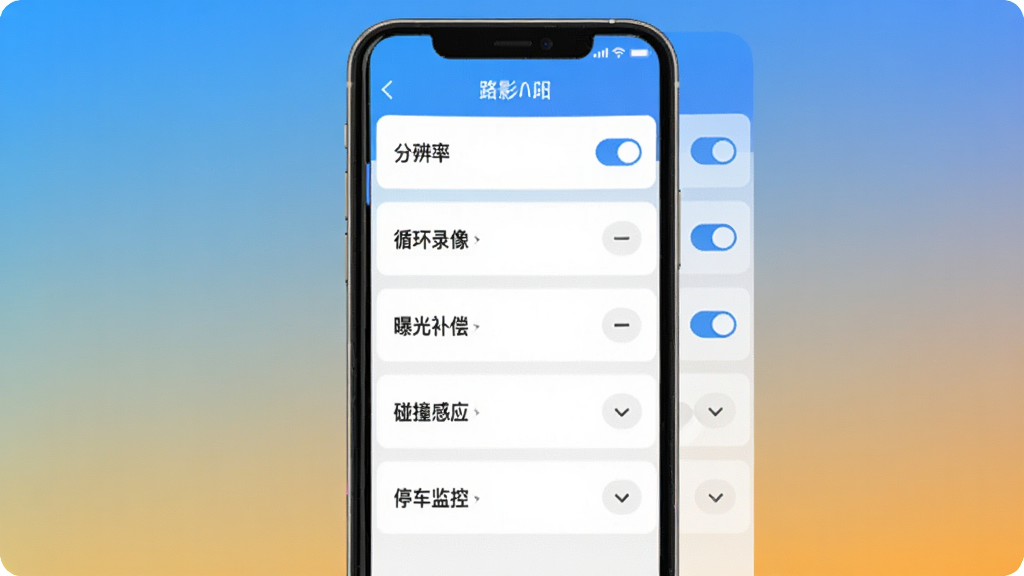 ·ӰApp���ý���չʾ���ֻ���Ļ�������ŷֱ��ʡ�ѭ��¼���عⲹ������ײ��Ӧ��ͣ����ص�����ѡ�ÿ��ѡ����п��ػ������˵��������������񣬱���Ϊ��ɫ���䣬�����������޶���Ԫ��
