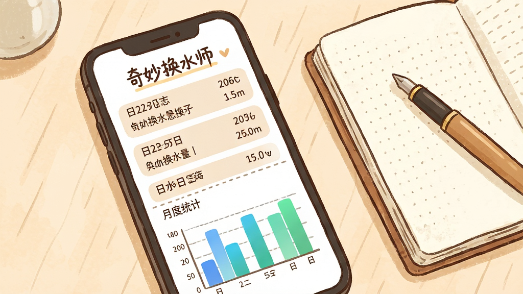 手机屏幕展示换水日志列表和月度统计柱状图,日志条目带有日期和换水量数据,柱状图颜色为蓝绿渐变,手机旁边有一个笔记本和一支笔,布局手机居中偏左、文具偏右,排版舒适,风格为温暖手账插画风,细节上日志标题写有